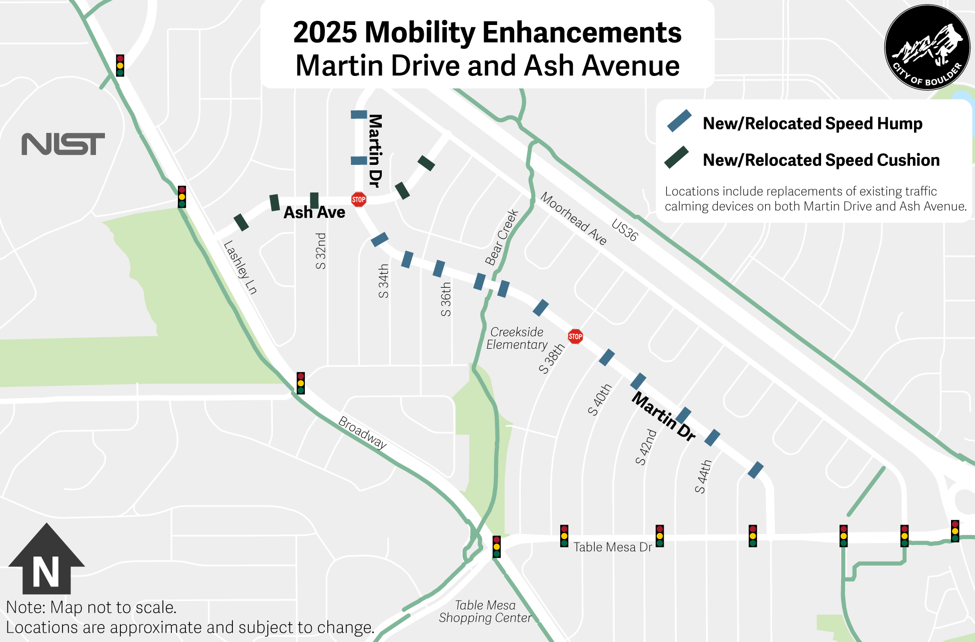 A map of new or relocated speeding prevention devices at Martin Drive and Ash Avenue. Details on Pavement Management Program webpage.