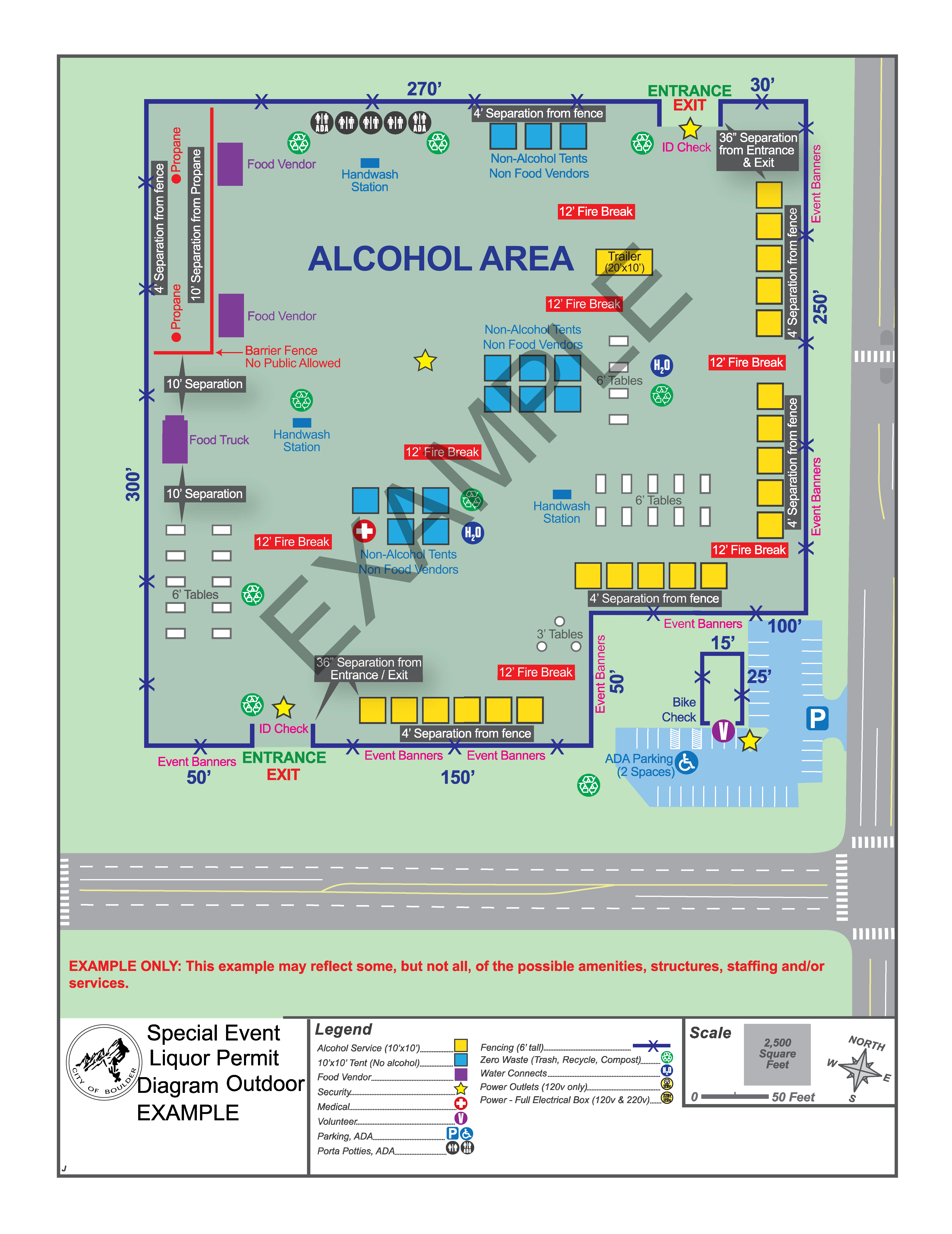 An outdoor special event layout for a liquor permit.