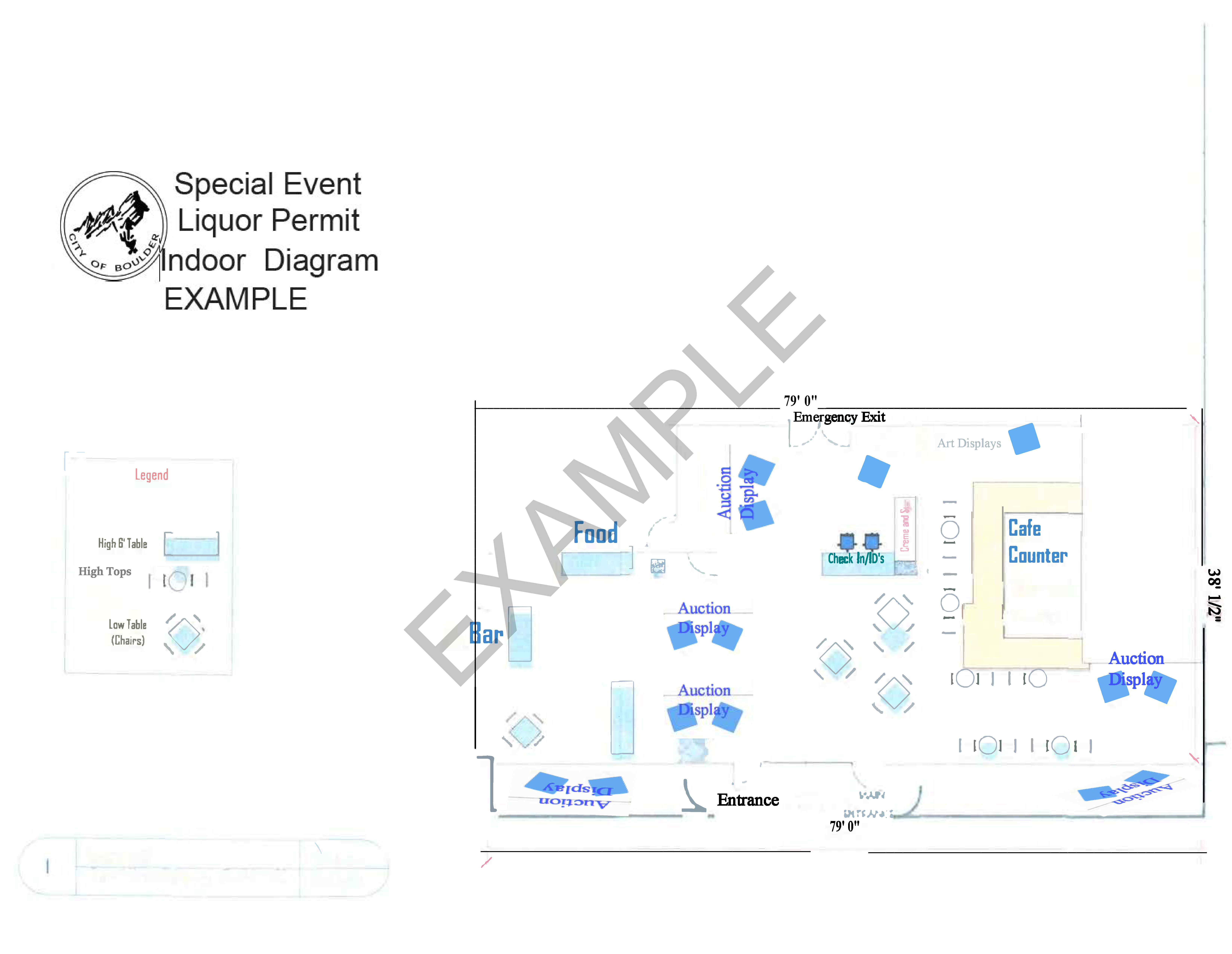 An indoor special event layout for a liquor permit. 
