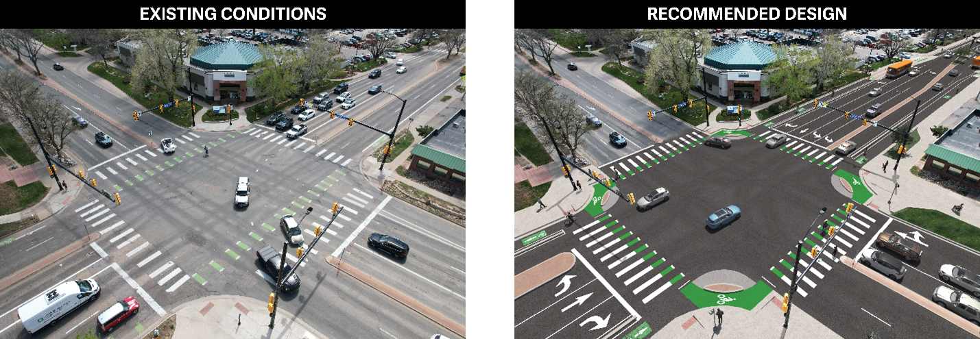 The Folsom Street/Canyon Boulevard intersection today next to a rendering of the recommended design for the Folsom Street/Canyon Boulevard intersection.