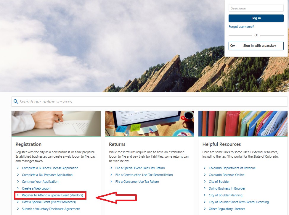 On the Boulder Online Tax System, under Registration, click Register to Attend a Special Event (Vendors)