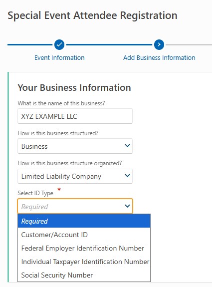 Enter your business information, including the name of the business, the type and subtype of business, and the ID.