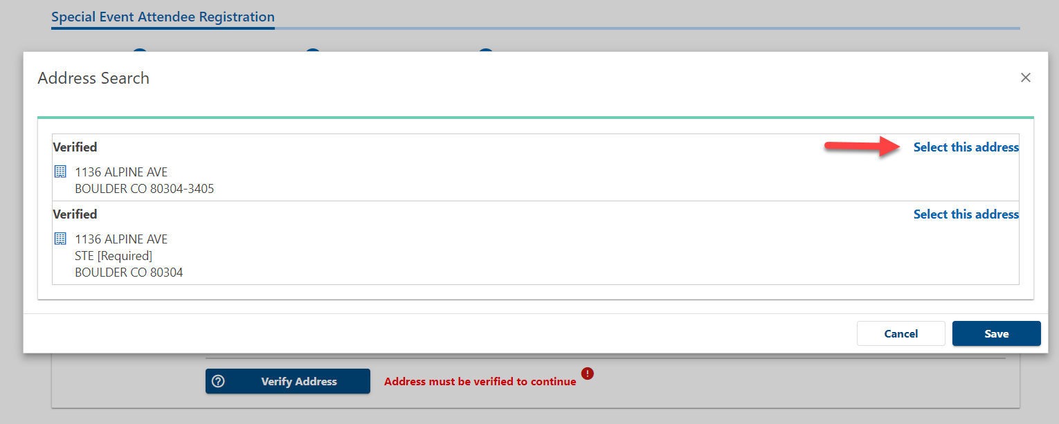 Find the address and choose the Select this address link