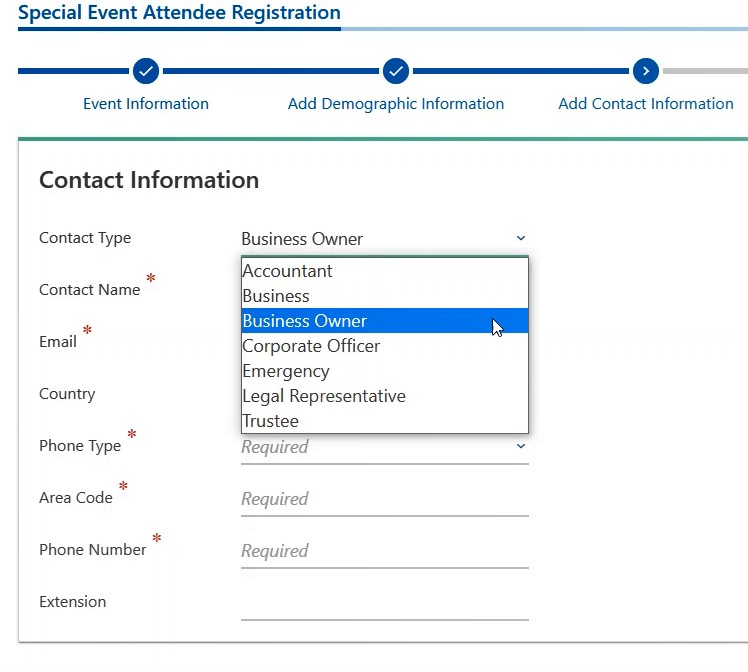 Choose the contact type and enter the contact information