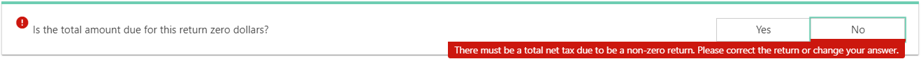 If you answer No on the first question you will see an error message appear.