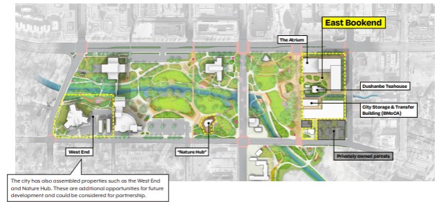 Map highlighting the areas for which the City is seeking an equally bold, innovative, and experienced partner (or partners) to help refine the vision and build, operate, and activate new buildings and spaces in the East Bookend, as well as other potential opportunities on city properties in the immediate area, such as the west bookend and Nature Hub.
