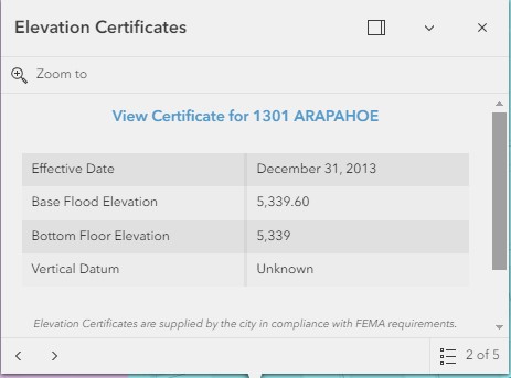 example of Elevation Certificate panel on the interactive flood map