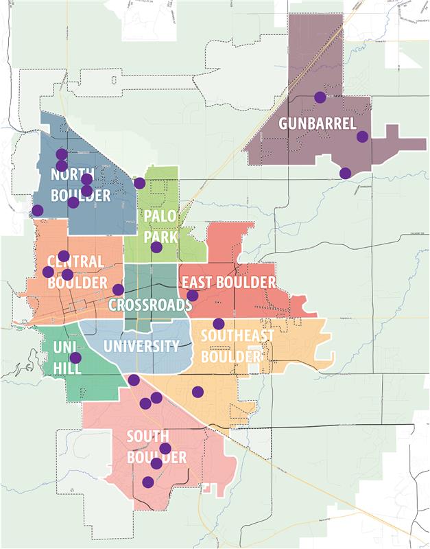 Map showing all the subcommunities of Boulder with dots where Creative Neighborhoods Projects have happened