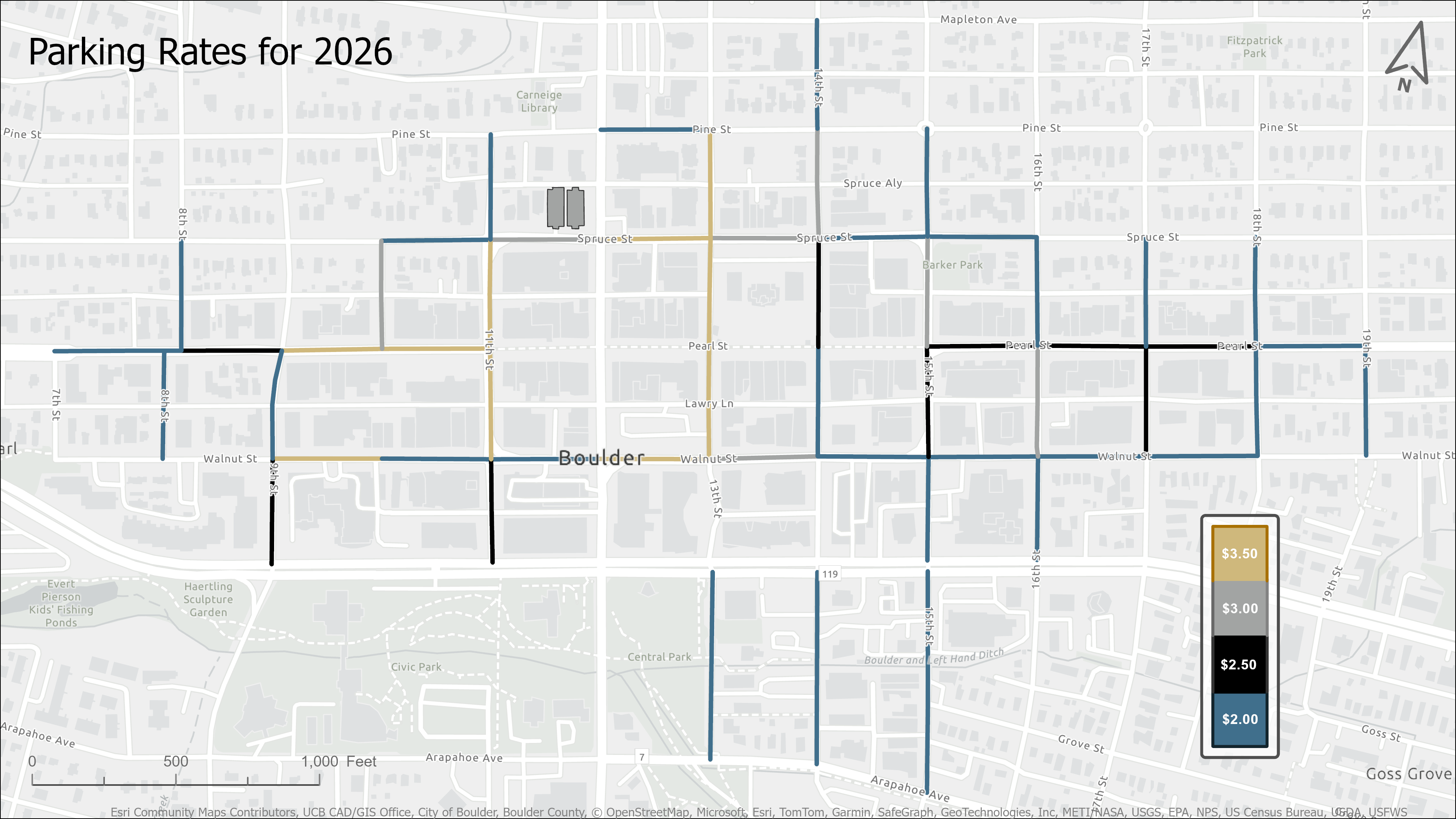 Map of downtown showing on-street parking rates, effective Jan. 2, 2026