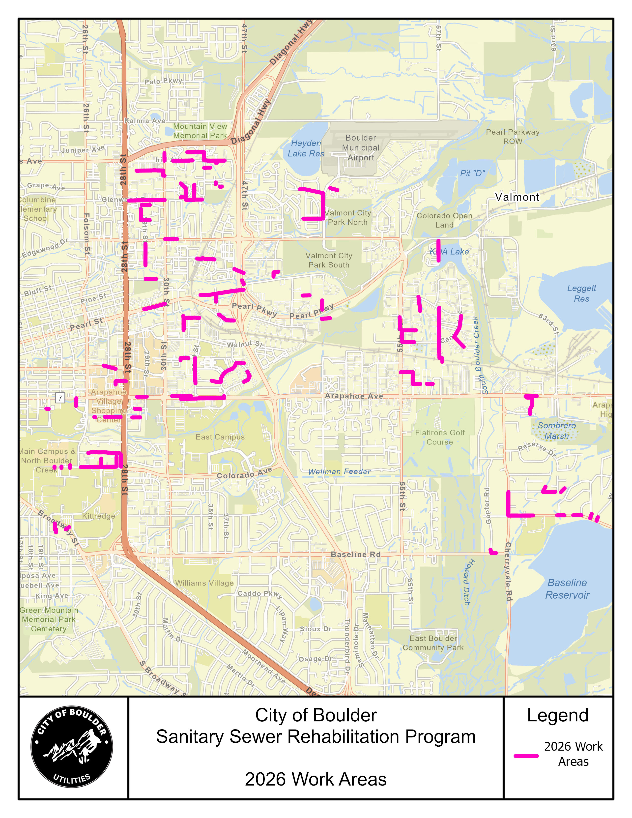 2026 Sanitary Sewer Rehabilitation Program Work Areas, map of Boulder