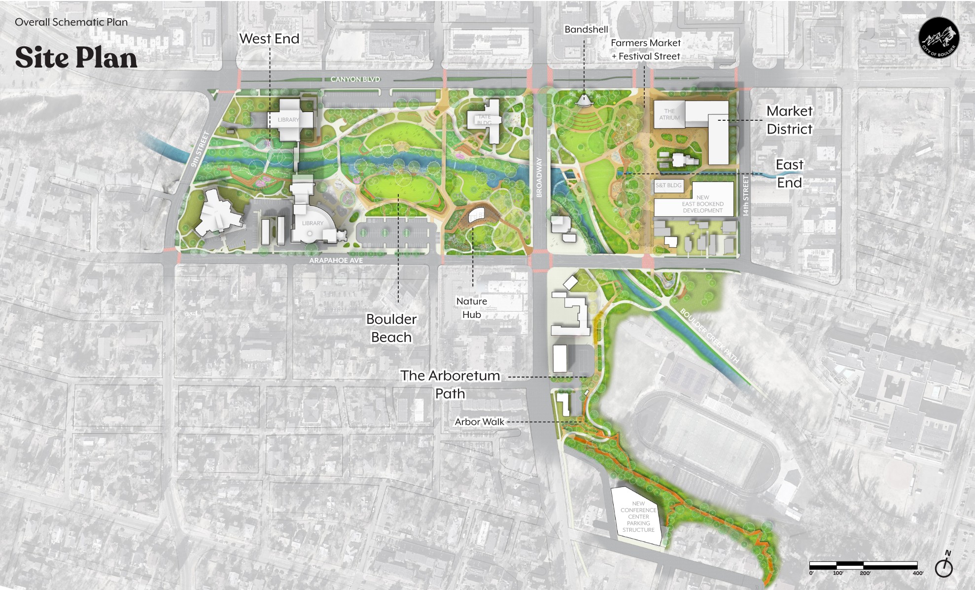 Illustrated site plan of the overall Boulder Civic Area project (longer description in the caption). 