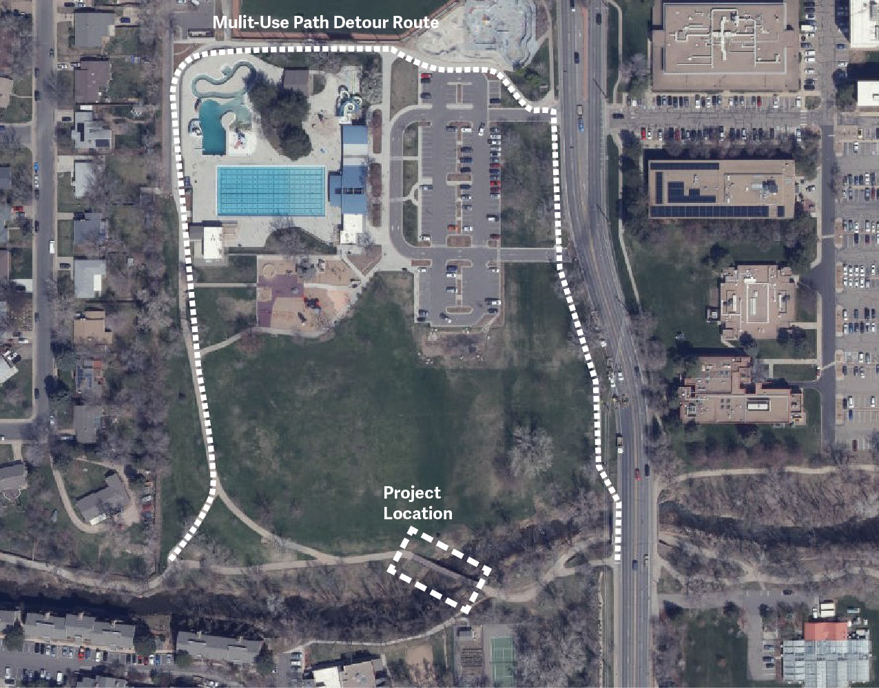 Aerial image showing project location and detour route to the north of the bridge.