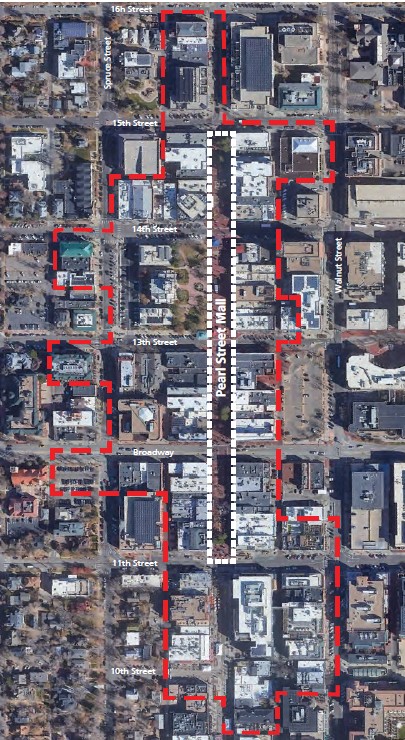 Aerial map showing the boundaries of Pearl Street Mall and Downtown Historic District