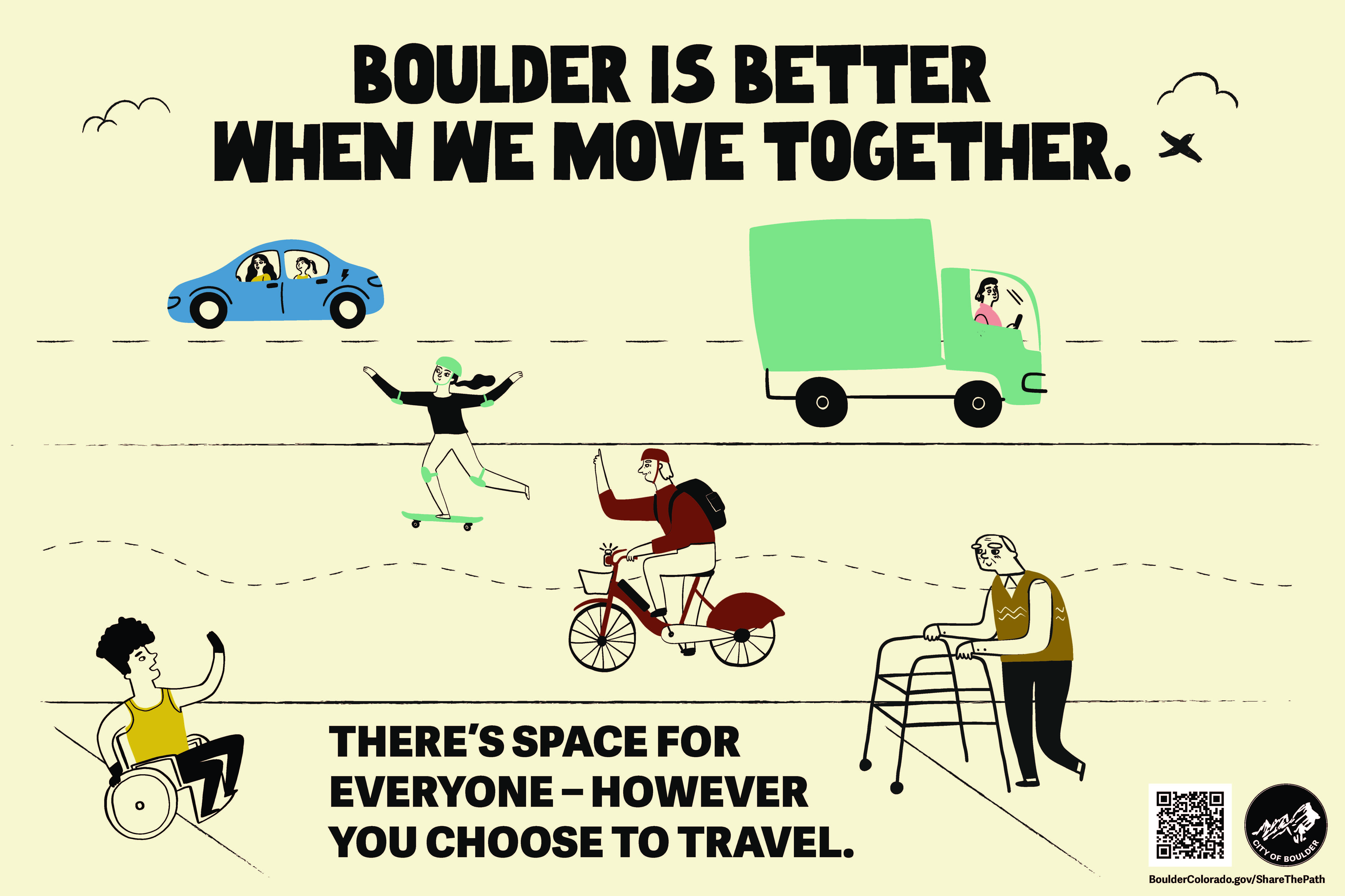 Share The Path campaign title "Boulder Is Better When We Move Together" with wikers, walkers, rollers and pets using a path