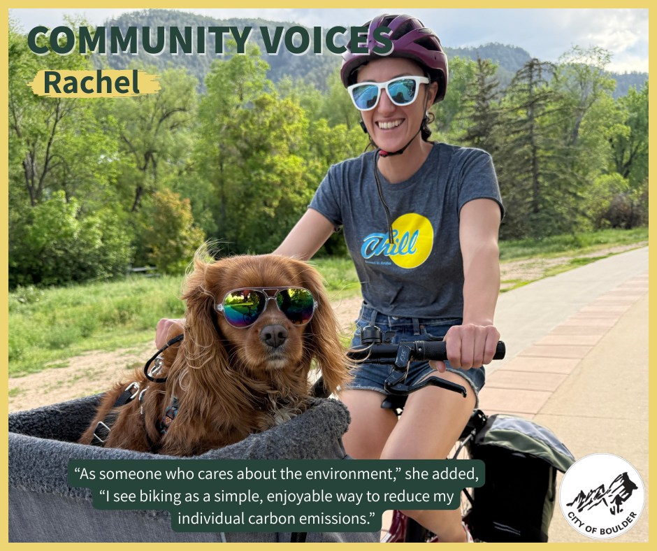 Rachel on a bike with a dog