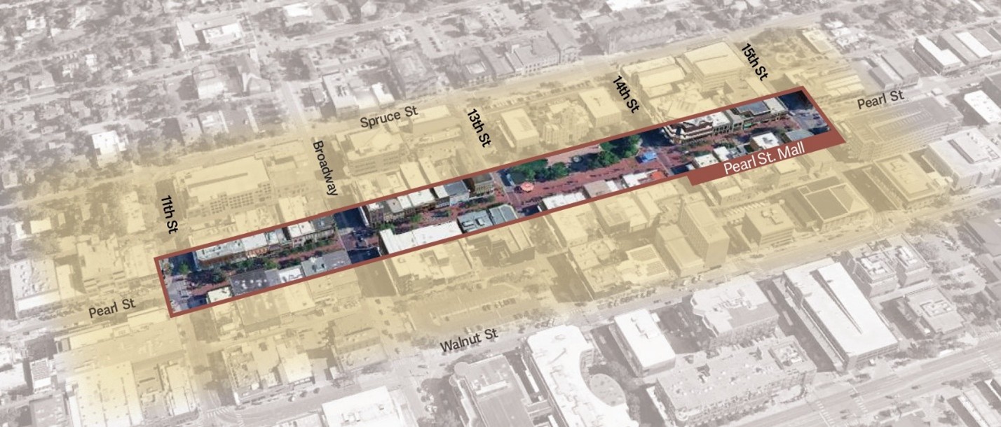 This map highlights the location of Pearl Street Mall in relation to crossroads and side streets.