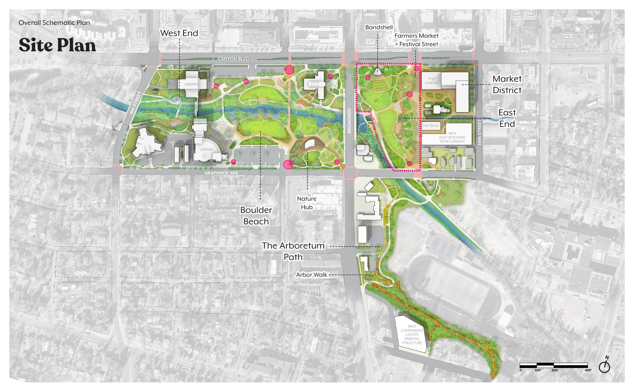 Map identifying key schematic design focus areas including the East End, Boulder Beach, and Arboretum Path. The East End is highlighted as the focus area with current funding for construction.