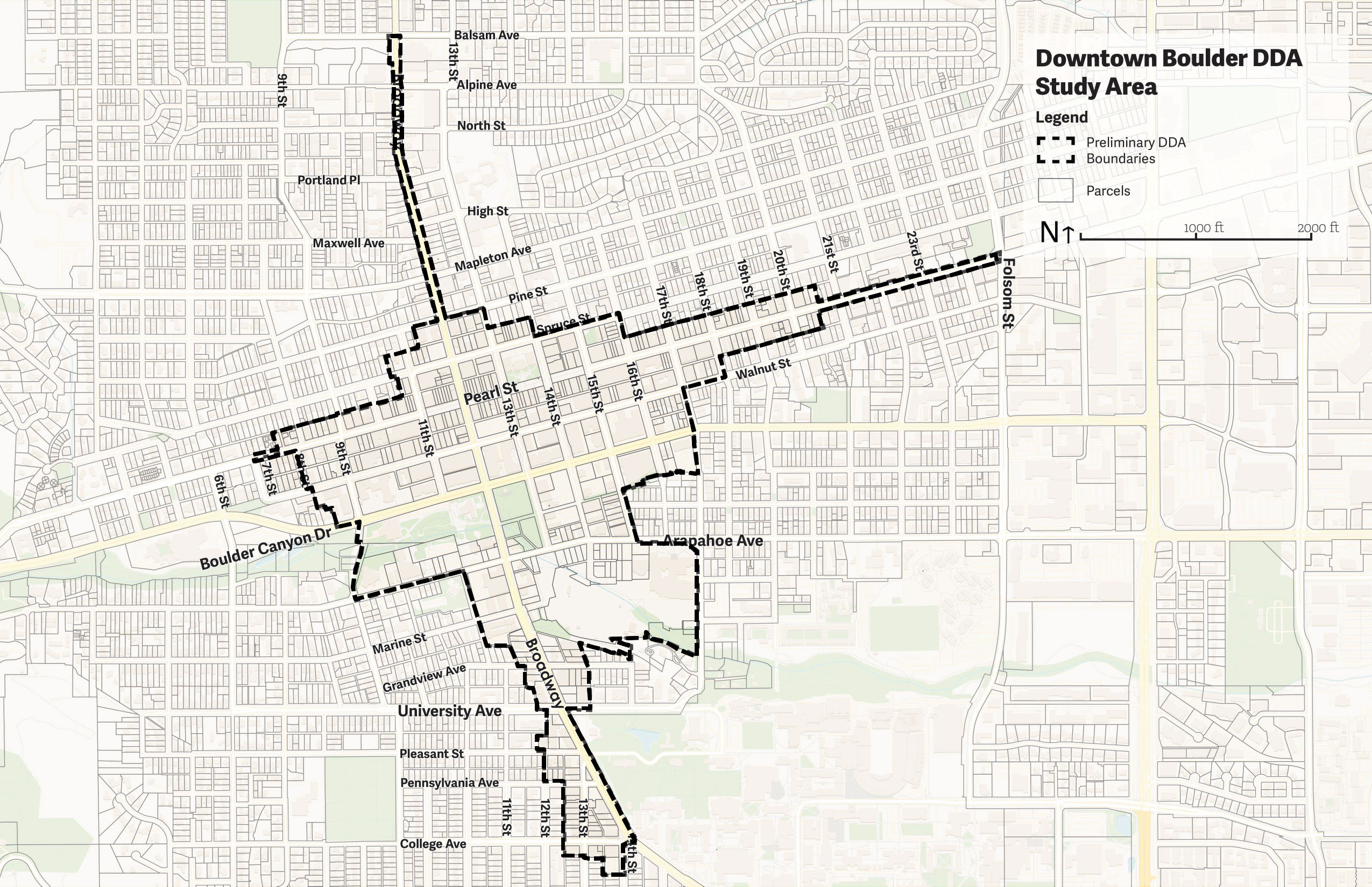 Map of downtown Boulder, University Hill and Civic Area, showing proposed boundary lines for the DDA