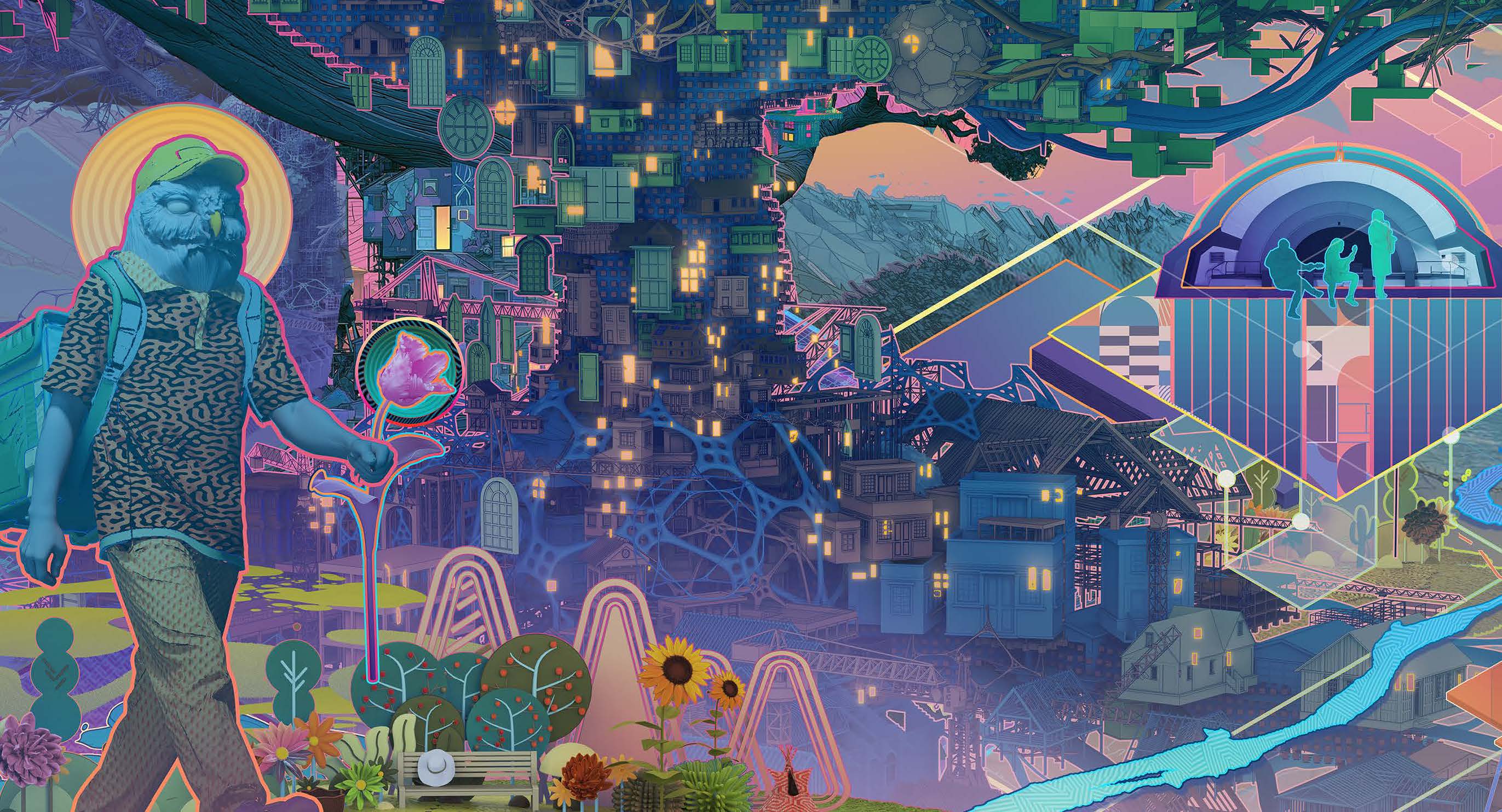 A portion of mural artwork titled Future Flourishing by Android and Martha Jones created for the major update to the Boulder Valley Comprehensive Plan through Experiments in Public Art.