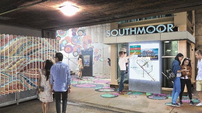 onceptual mobility hub in parking garage with public art, large map displays and people walking around
