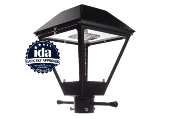 The city’s dark-sky-compliant post top luminaire. It is an open type with no panels for maximum performance.