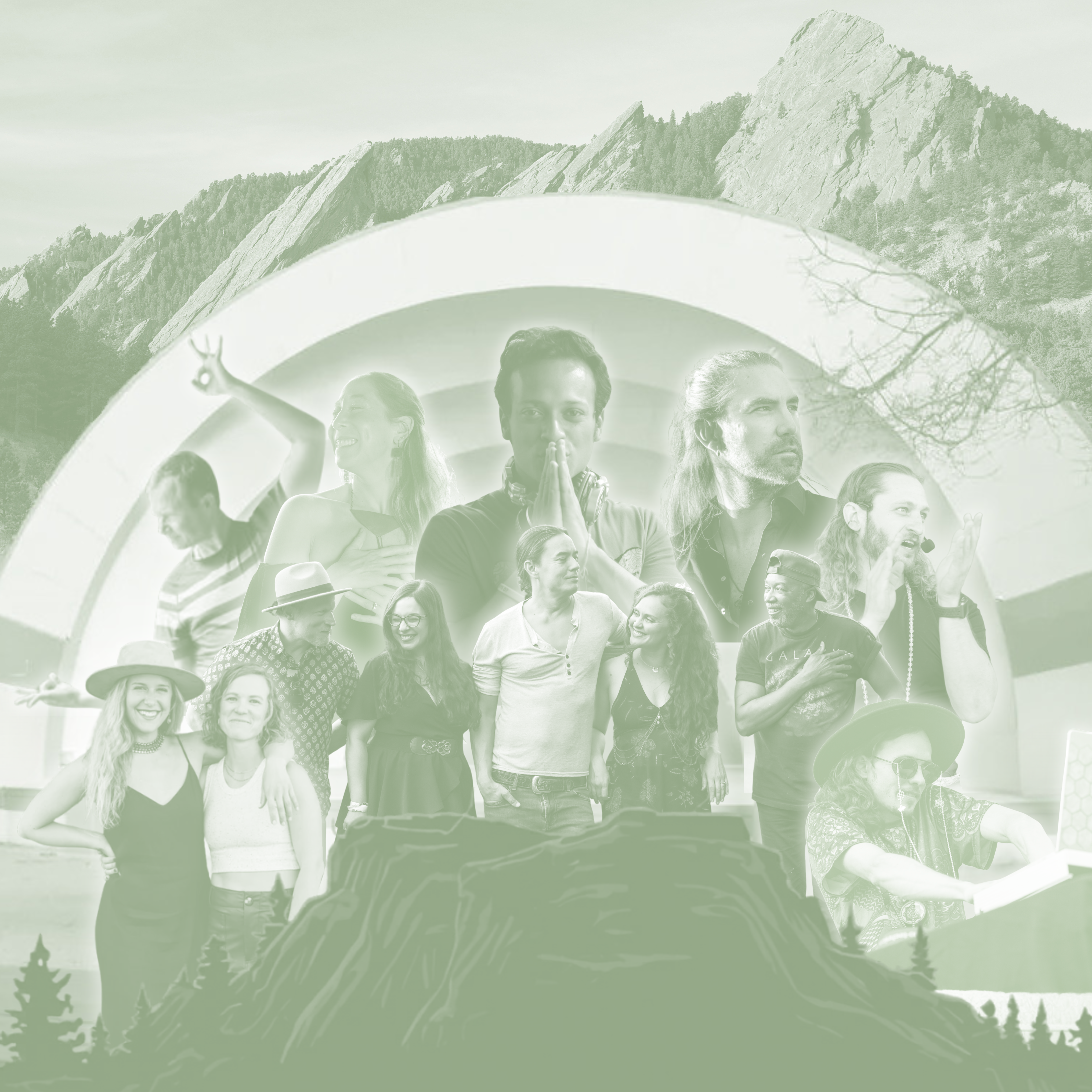 community members collage in front of boulder bandshell and boulder flatirons