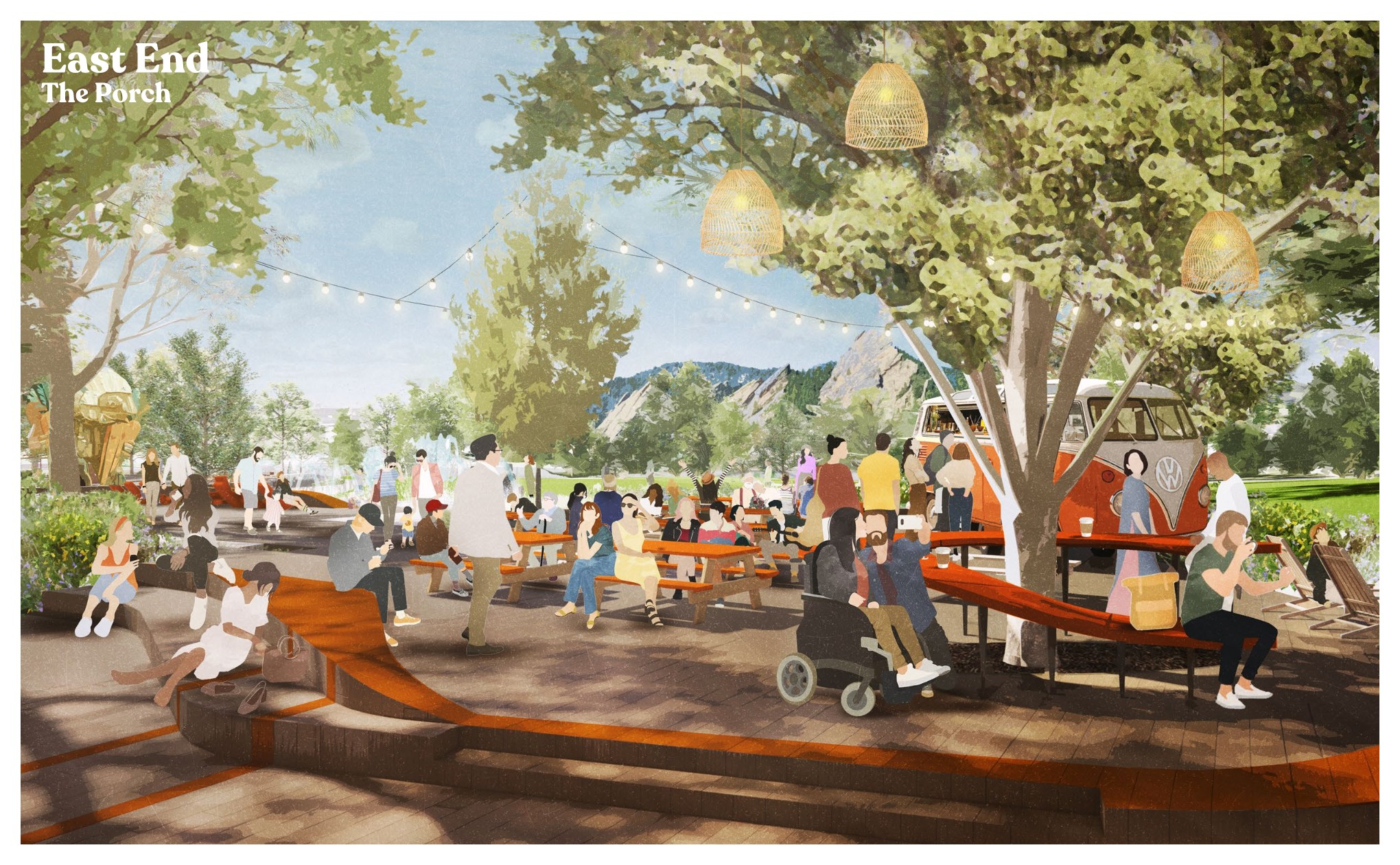 Conceptual rendering showing the Porch gathering area with seating terraces, public space activity, and views toward adjacent buildings and park areas.