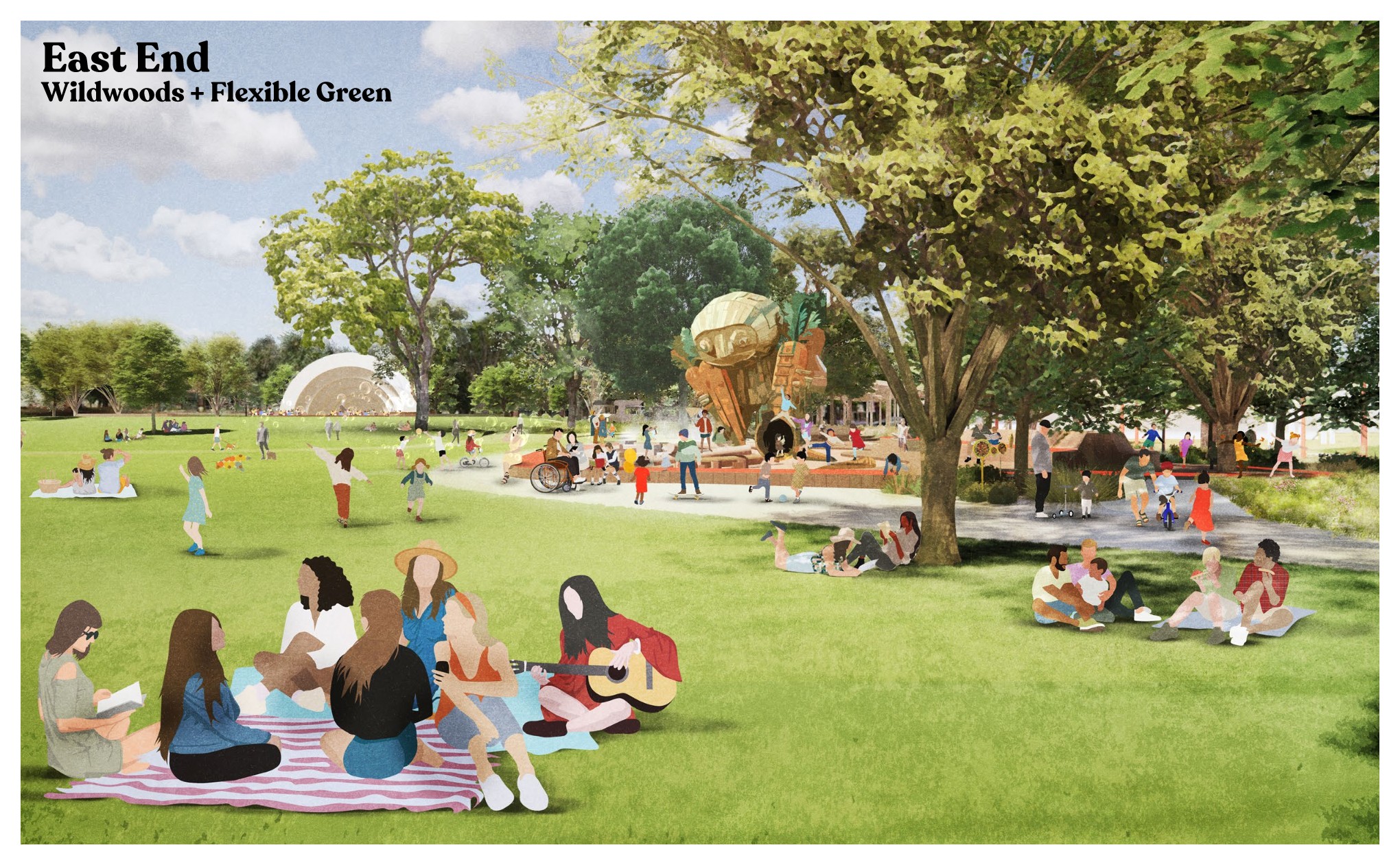 Rendering showing the Wildwoods nature play environment with natural materials, play structures, seating, and open lawn for recreation.