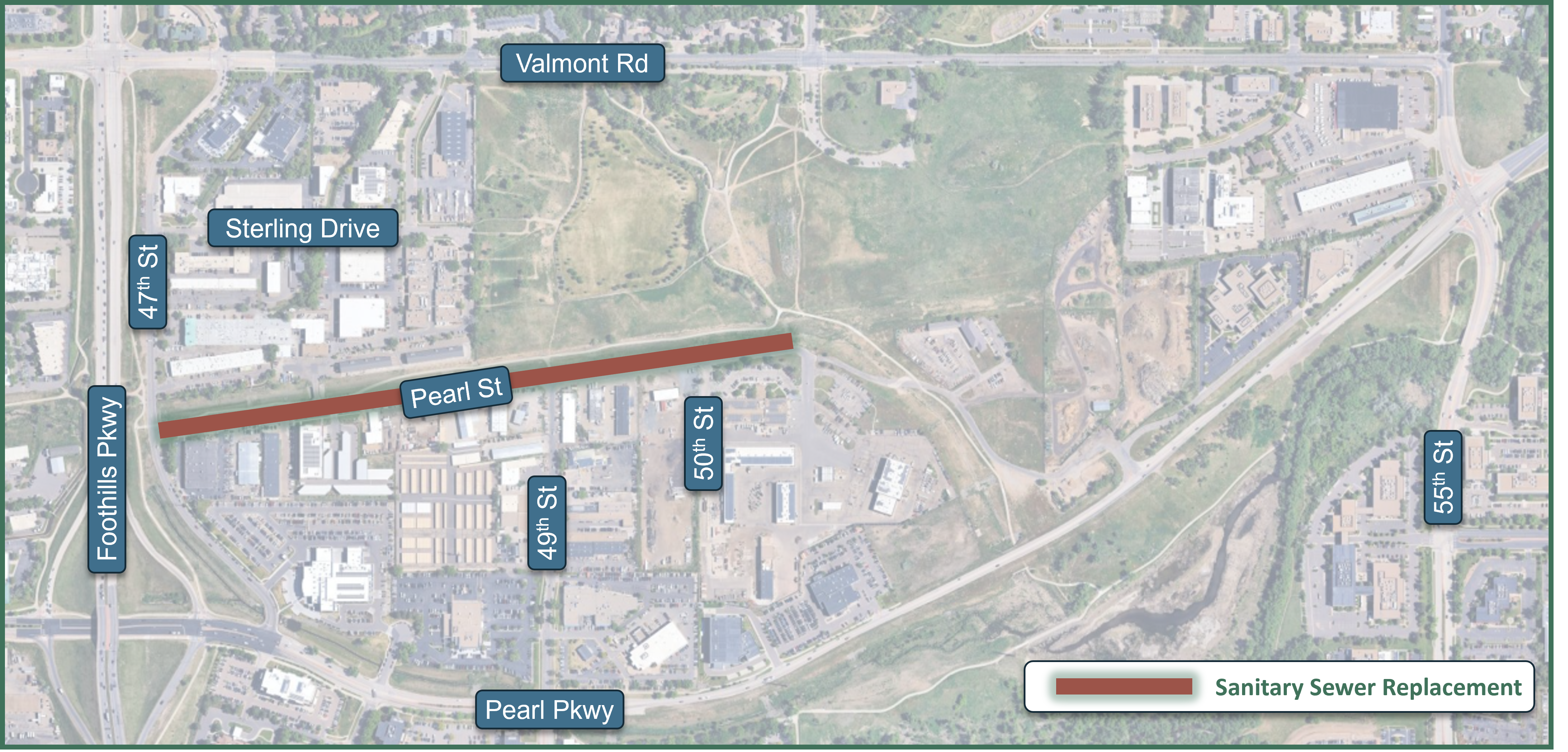 Map: Work will occur along East Pearl Street from 47th Street east to the end of Pearl Street near the multi-use path. 