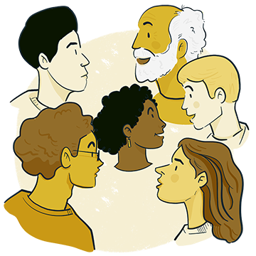 Illustration of community members in conversation.