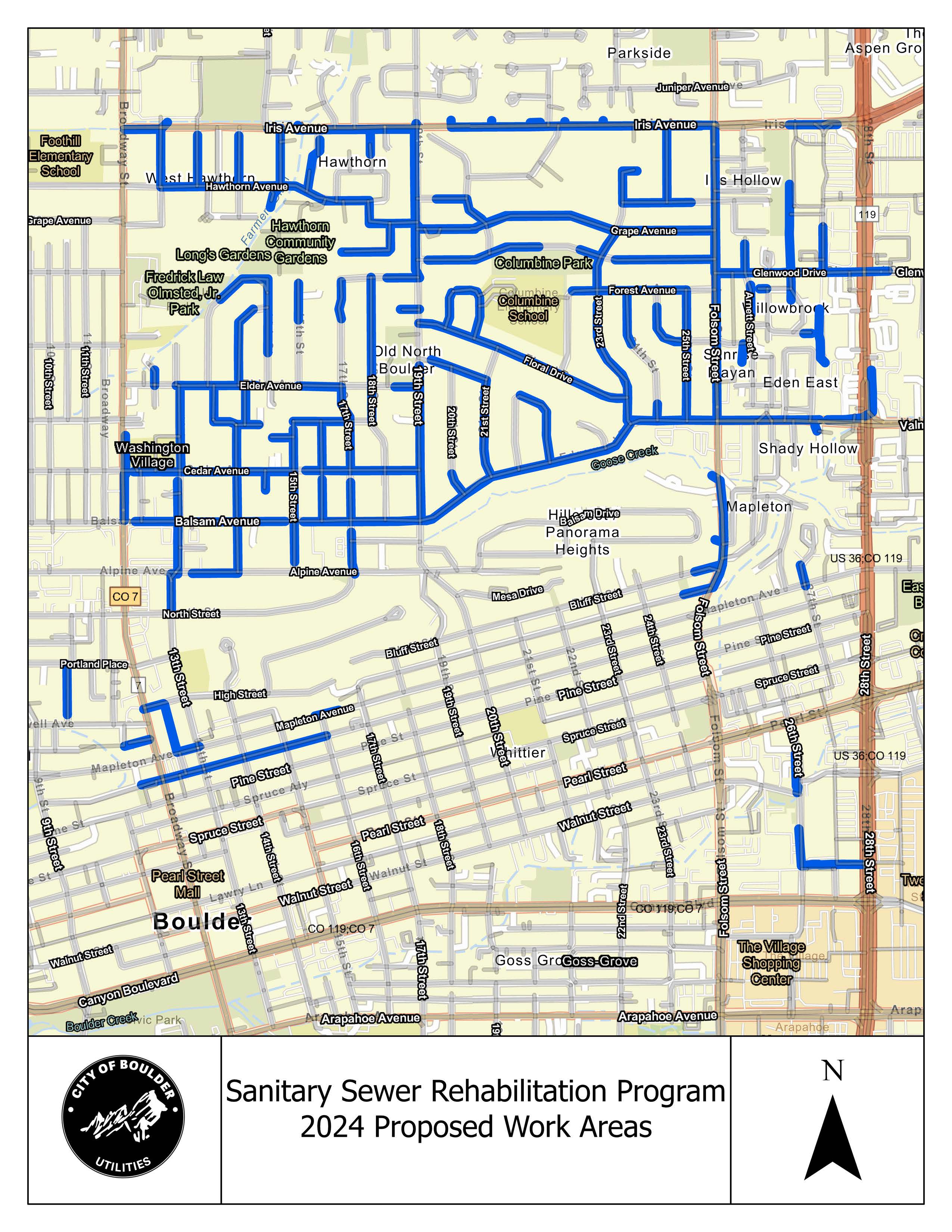 Map showing areas that will be rehabilitated in 2026. Areas primarily include some of the roads from Broadway to 28th Street, between Iris and Alpine.