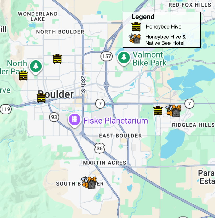 A map showing the locations of 4 honeybee hives and 2 other locations that have both honeybee hive and a native bee hotel. 