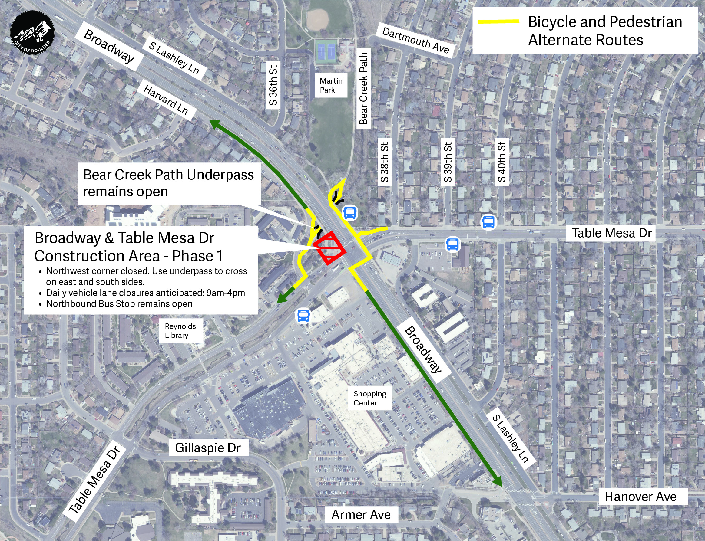 Alt text: A map showing the bicycle and pedestrian construction-free routes during construction at the intersection of Broadway and Table Mesa Drive.  