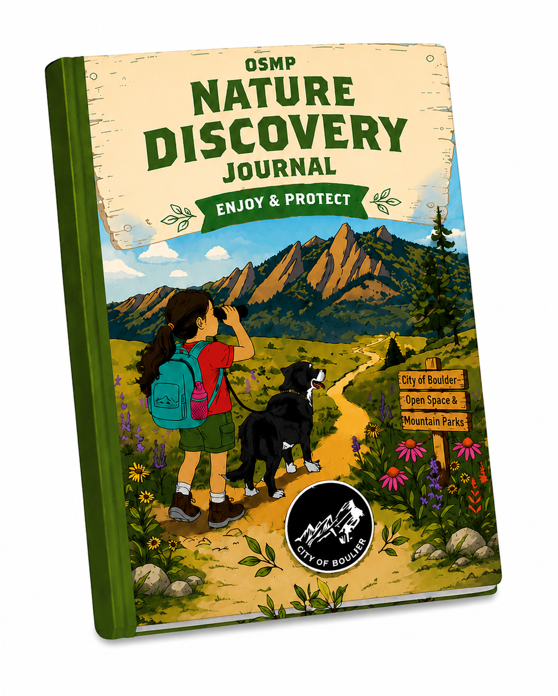 Book titled OSMP Nature Discovery Journal with artwork of a young girl with a backpack on a trail in front of the Flatiron mountains