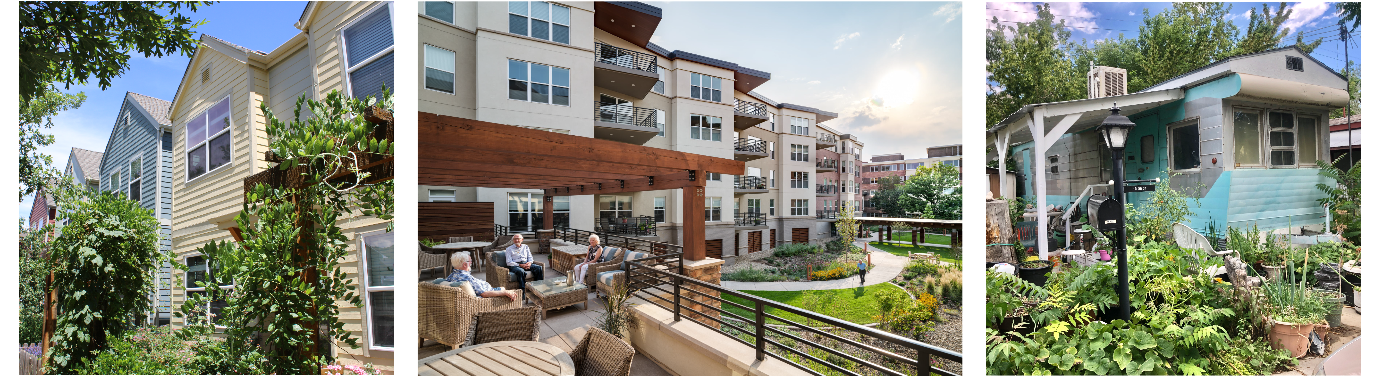 A collage of three photos: A row of townhomes on a tree lined street, People sitting on the deck of a large apartment building with a courtyard below, and a manufactured home with a large garden in the front yard.