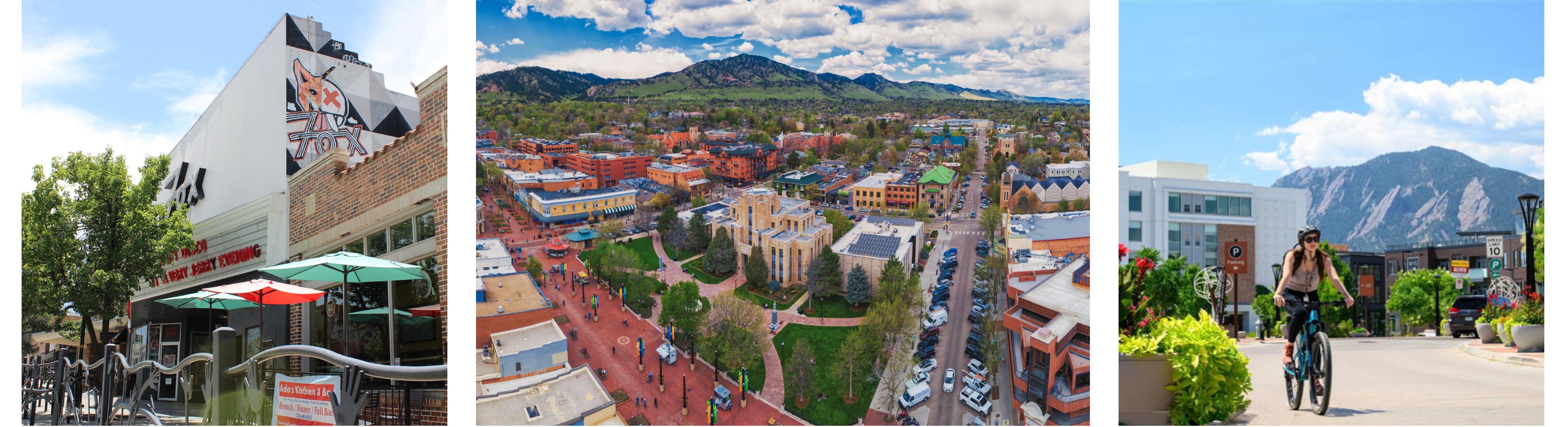 Collage of three photos: a retail street with outdoor seating areas, a view from above of a city hall building in a downtown area, and a person riding a bike on a wide path in front of apartment buildings with a mountain backdrop.