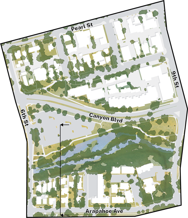 Diagram of a waterway with greenery and buildings. 