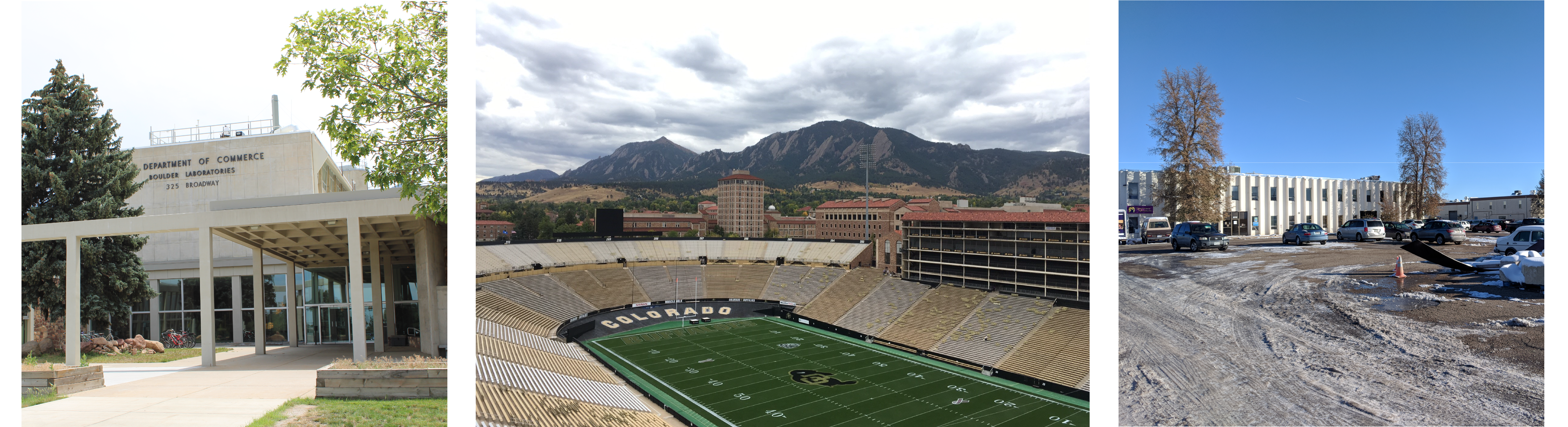 A collage of 3 photos: The sidewalk at the front entry of a federal building, an Industrial building with cars parked in front, and A college football stadium with campus buildings and mountains in the background.