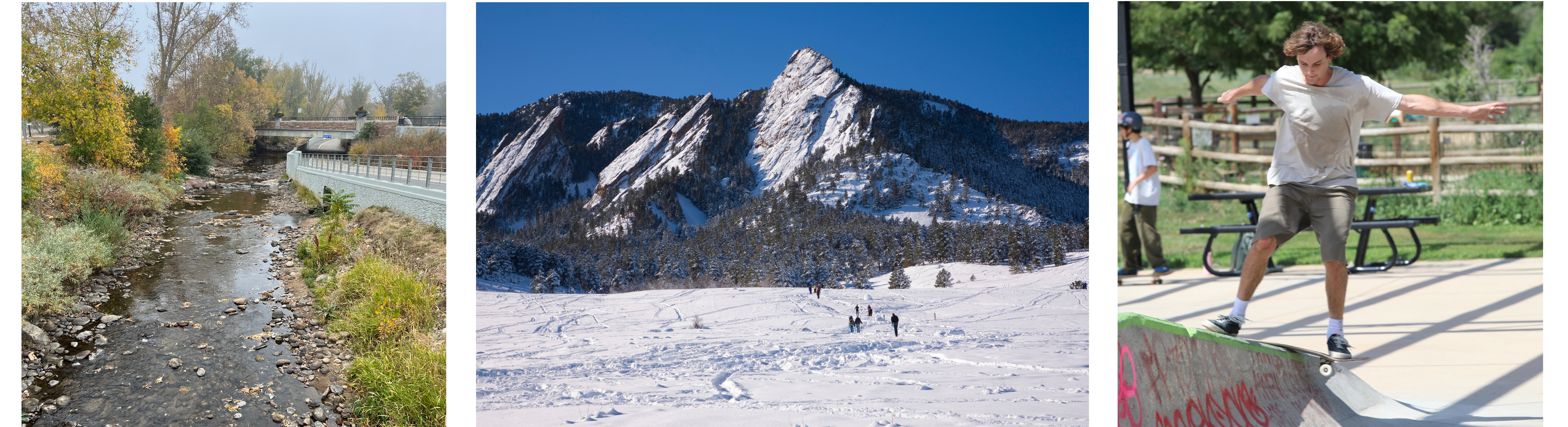 A collage of three photos: A path next to a creek with greenery around it, a snowy field with people walking and snow covered rock formations in the background, and a skateboarder skating in an outdoor skatepark next to a picnic table. 
