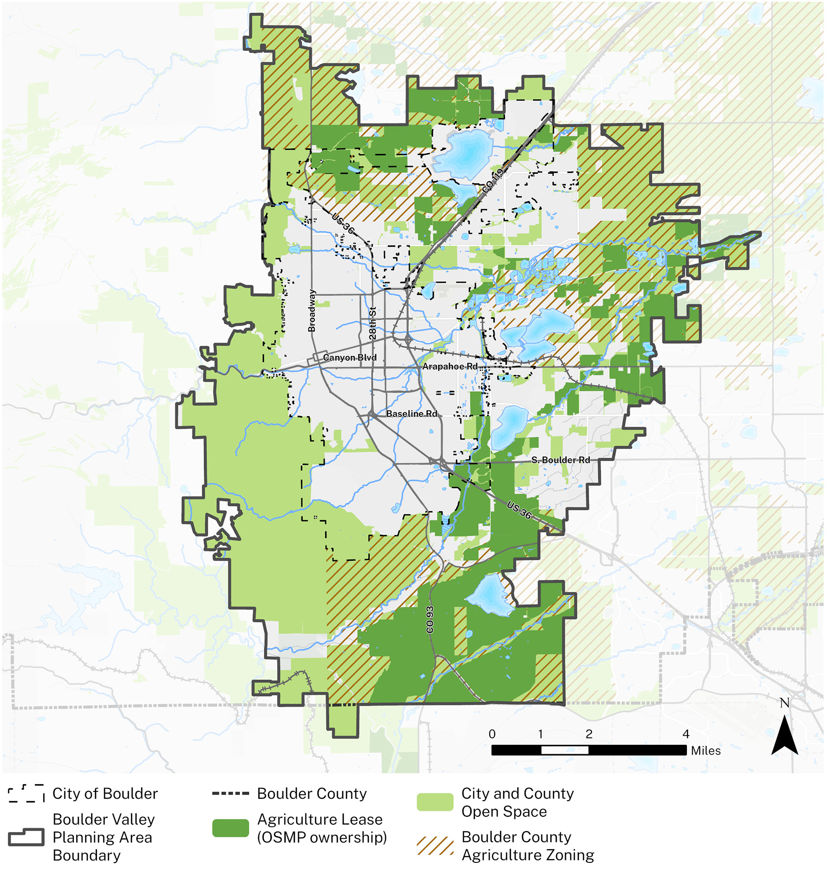 Map showing where agriculture occurs in the Boulder Valley. Much of the north east and south of the valley is zoned for agriculture. 