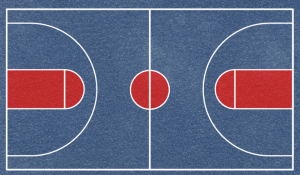 Diagram of a basketball court with brick-red painted key areas at each end and a brick-red center circle, outlined in white on a dark blue court surface.