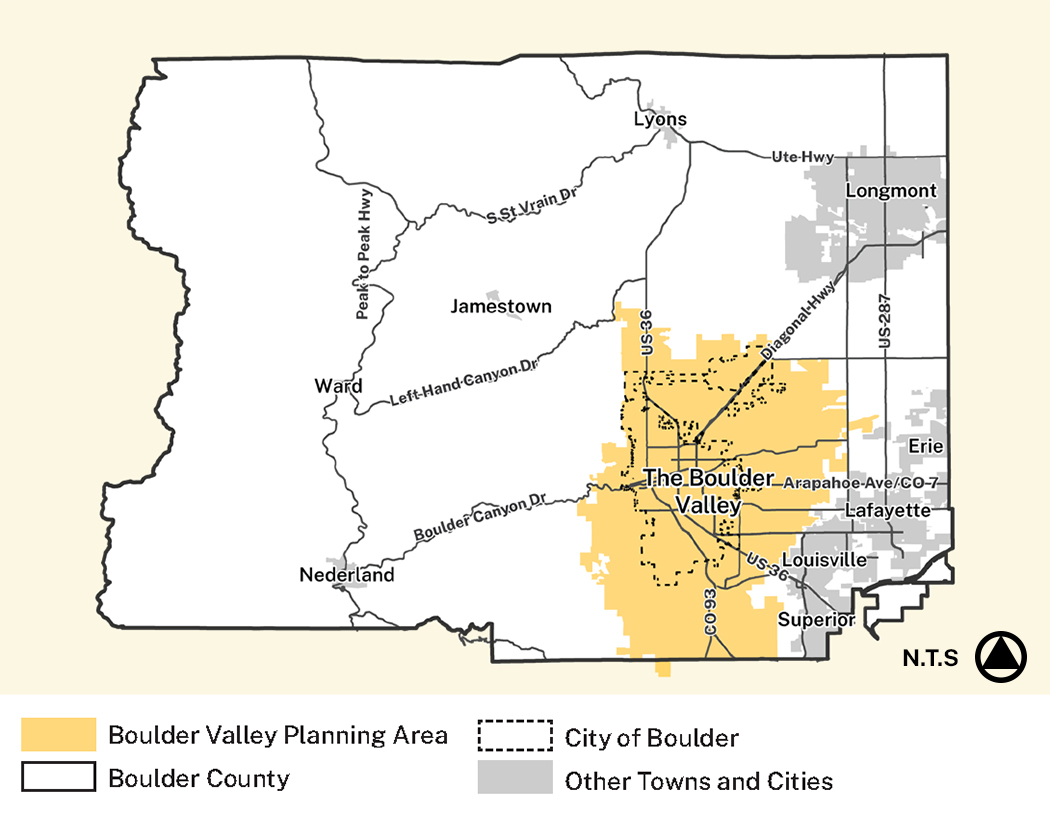 Map of Boulder County, Colorado, highlighting the Boulder Valley Planning Area (yellow) around the City of Boulder, with surrounding towns, roads, and a legend distinguishing planning area, county, city limits, and other municipalities.