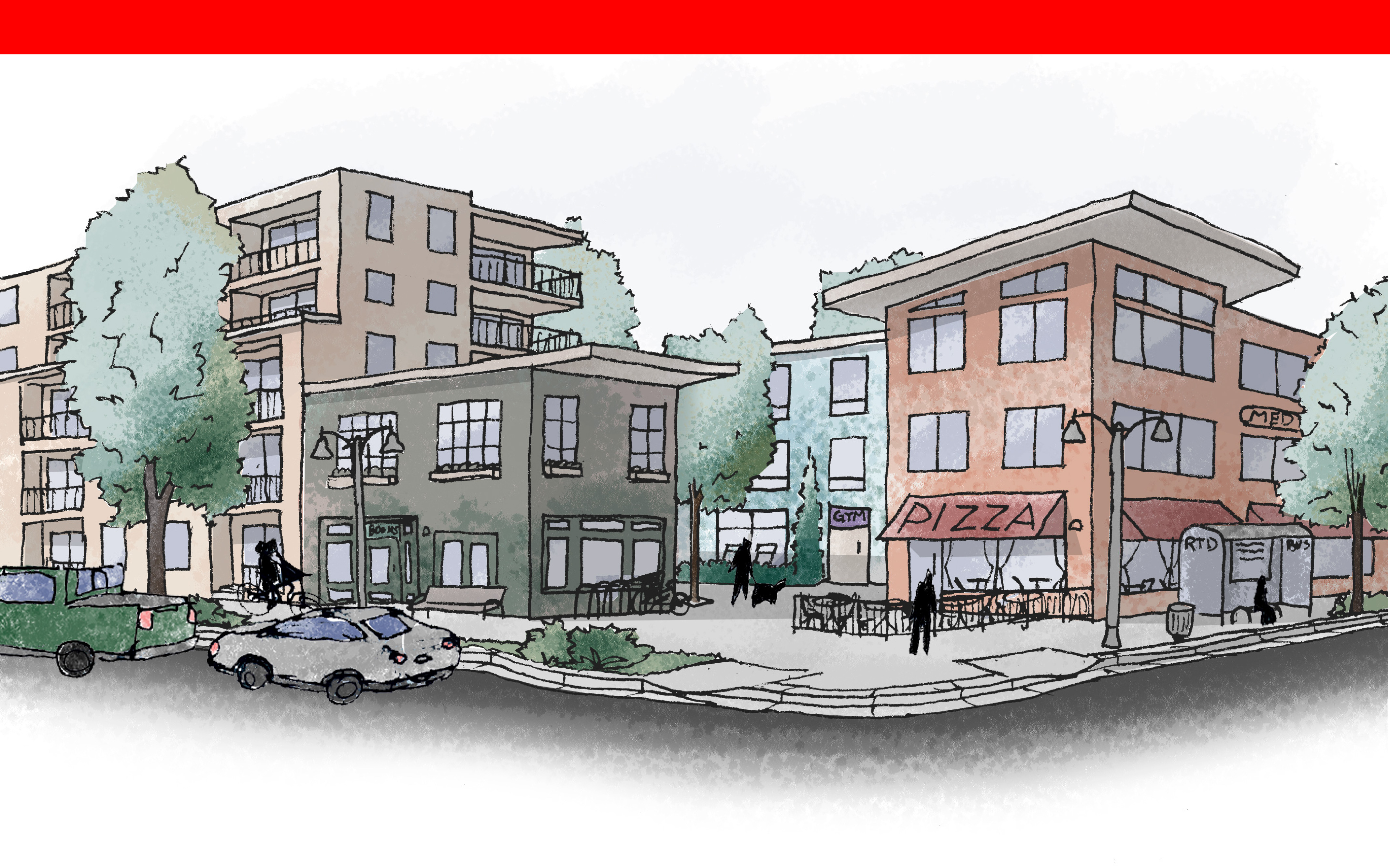 Sketch of a street corner with buildings of varying heights from two to 5 stories. The buildings are right on the side walk with a courtyard on the inside of the block. There is a pizza shop with outdoor seating, offices, and apartments.