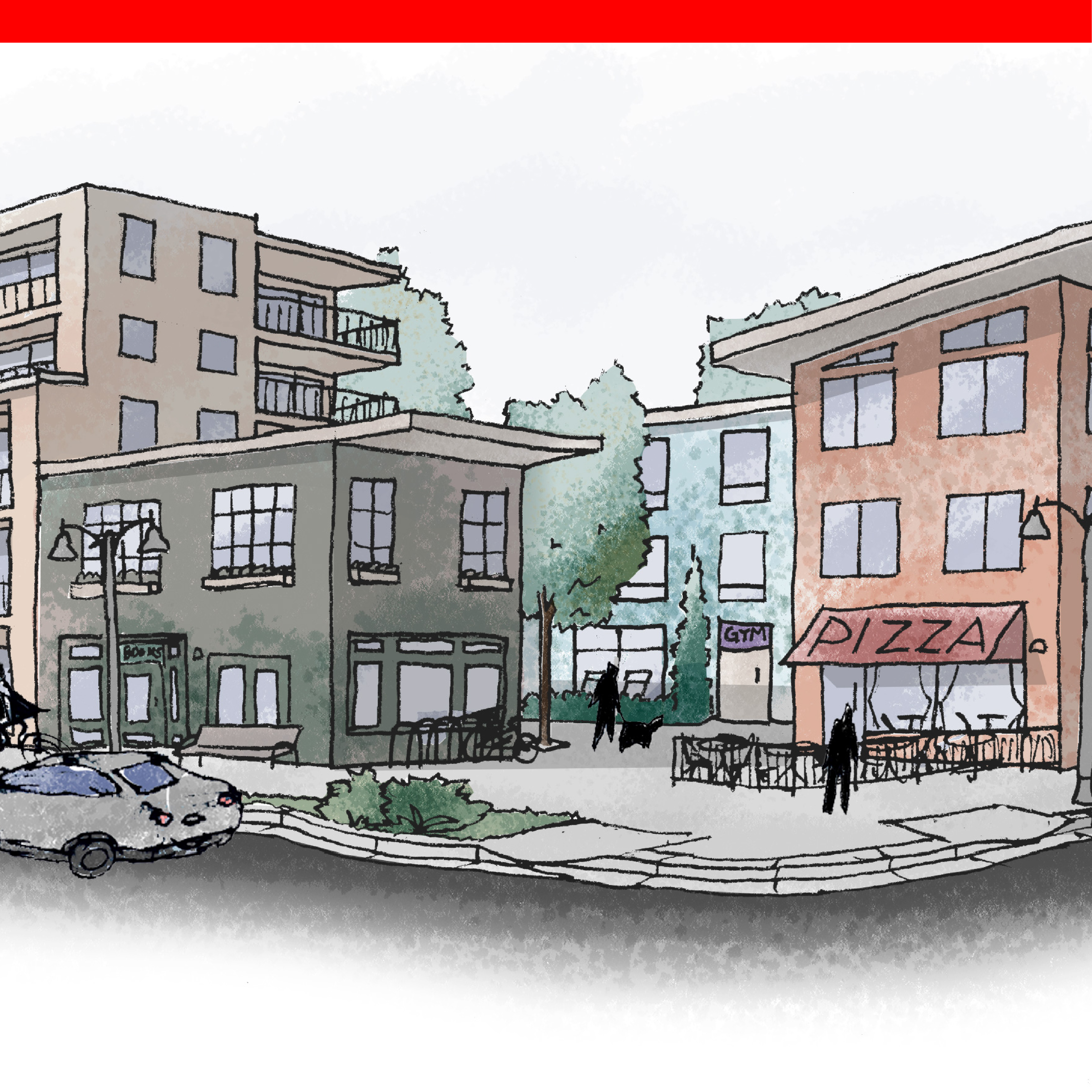 Sketch of a street corner with buildings of varying heights from two to 5 stories. The buildings are right on the side walk with a courtyard on the inside of the block. There is a pizza shop with outdoor seating, offices, and apartments.