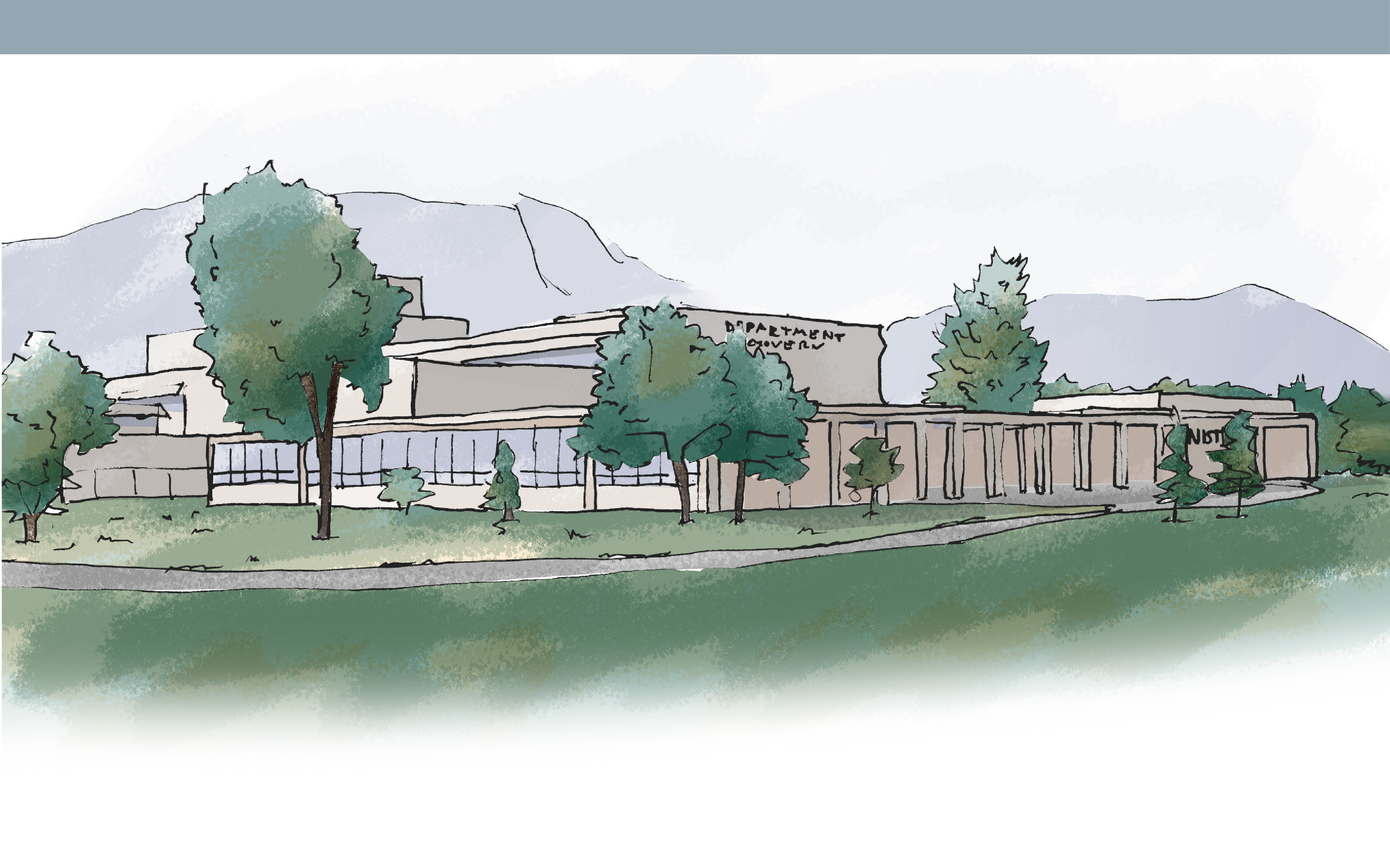 Sketch of a large facility building with a open lawn and walk way in front. The facility varies in stories.