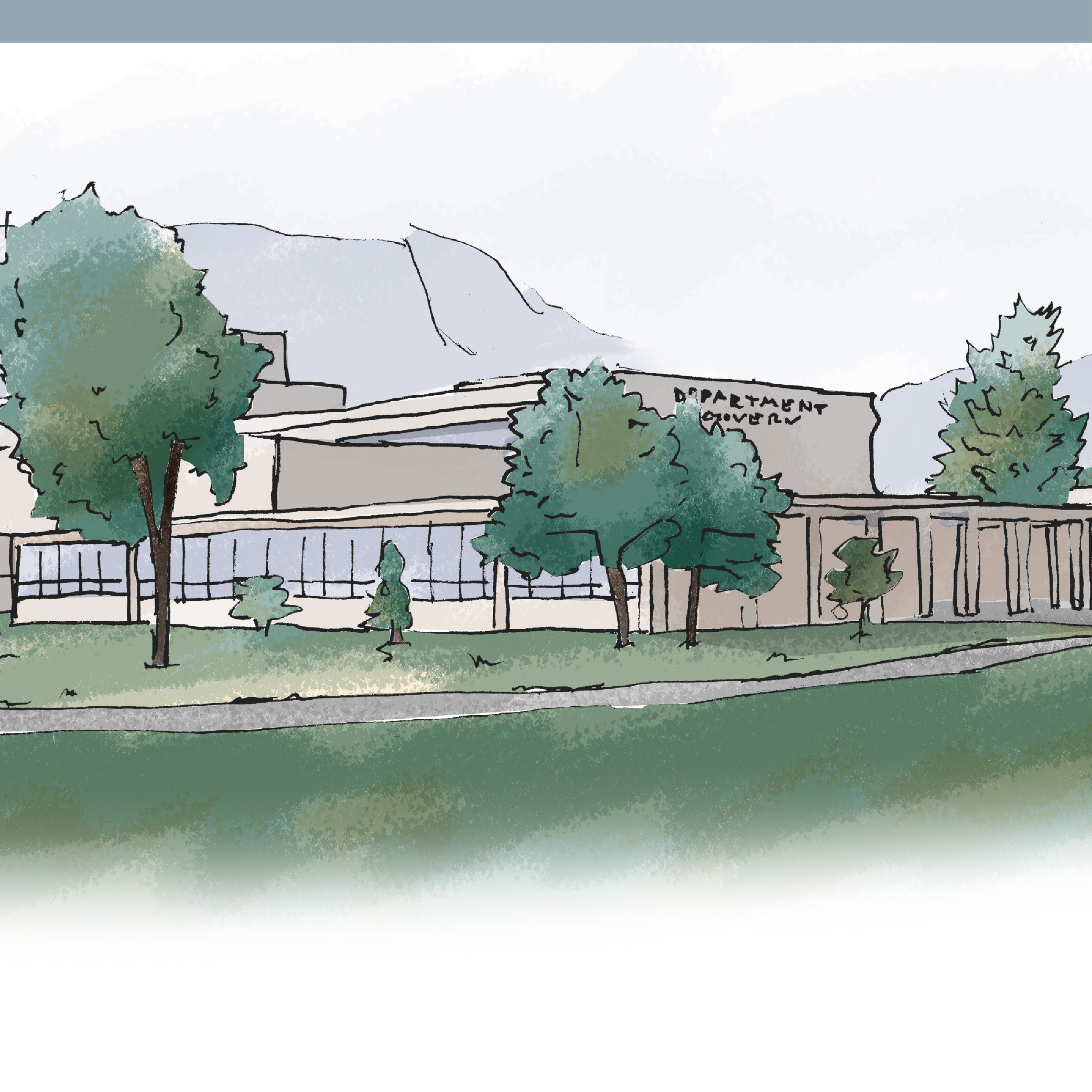 Sketch of a large facility building with a open lawn and walk way in front. The facility varies in stories.