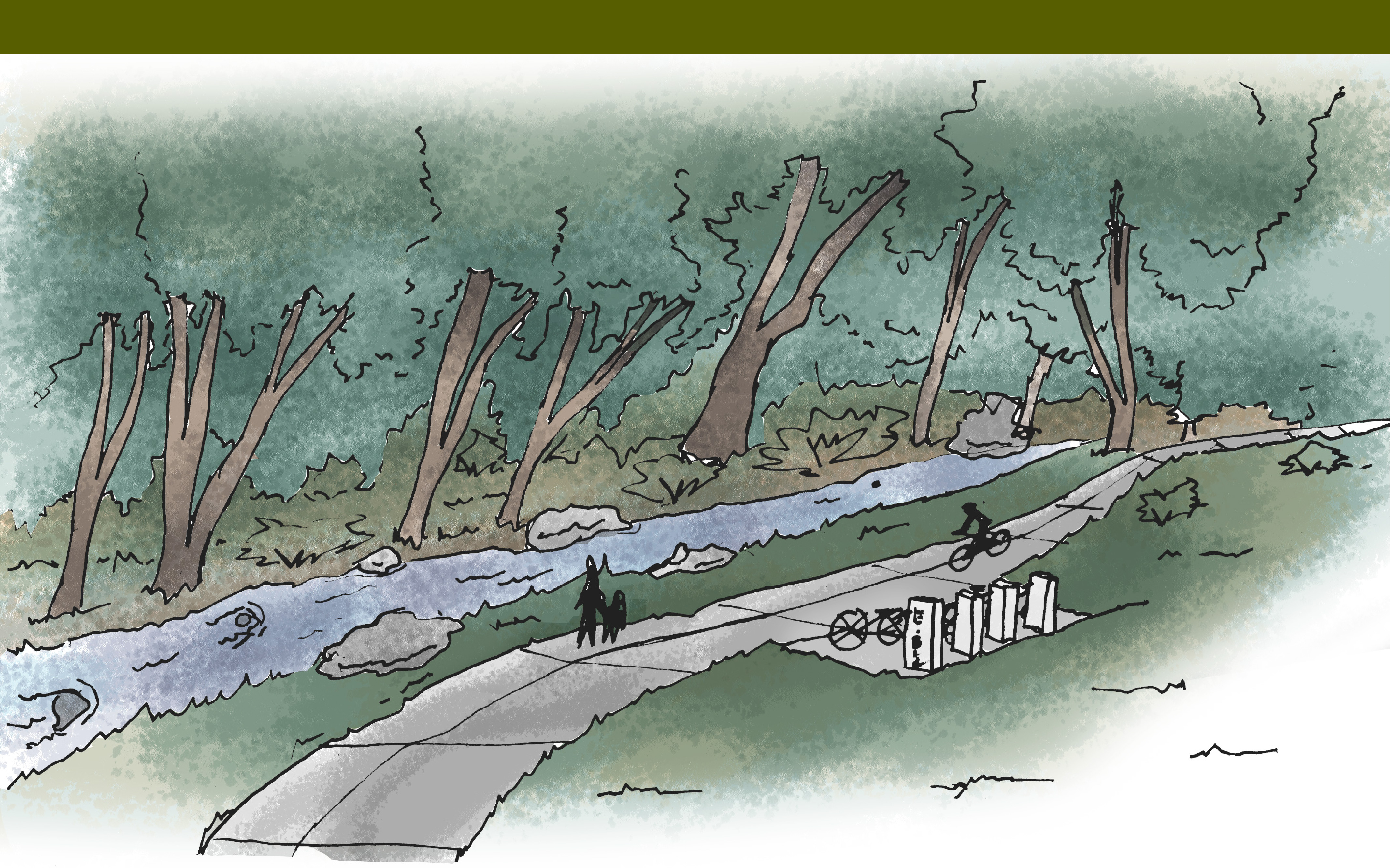 Sketch of a creek with trees on one side and a walking and bike path on the other. It includes a bike parking station. 