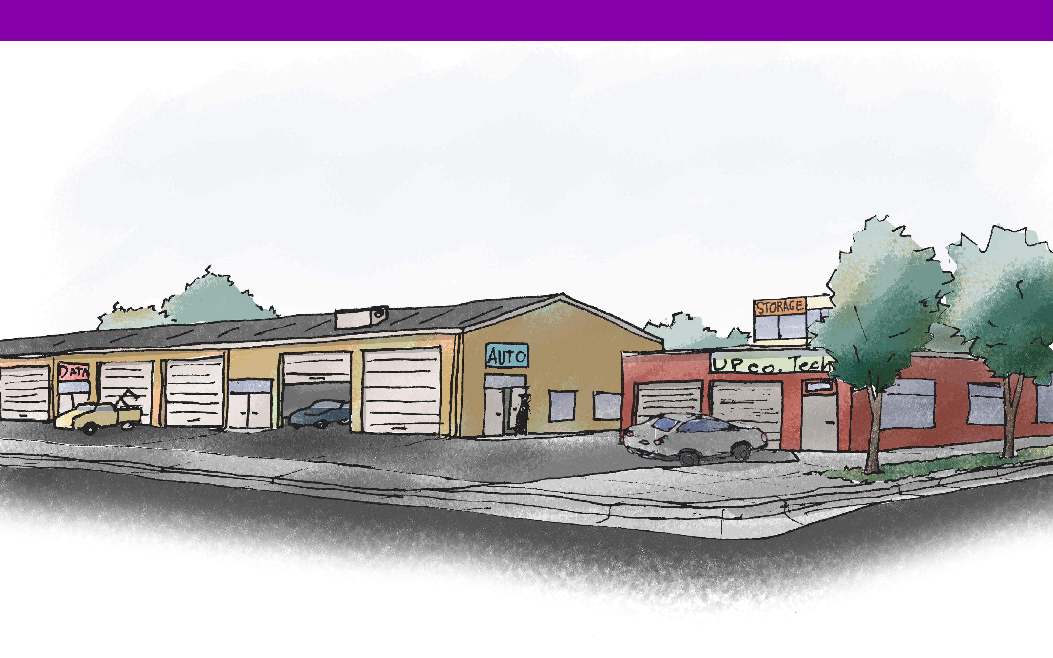 Sketch of a street corner with single story buildings on it. These buildings have big garage doors. there is an auto repair shop another industrial manufacturing shop and a storage facility. These buildings are set back from the street with parking in front.