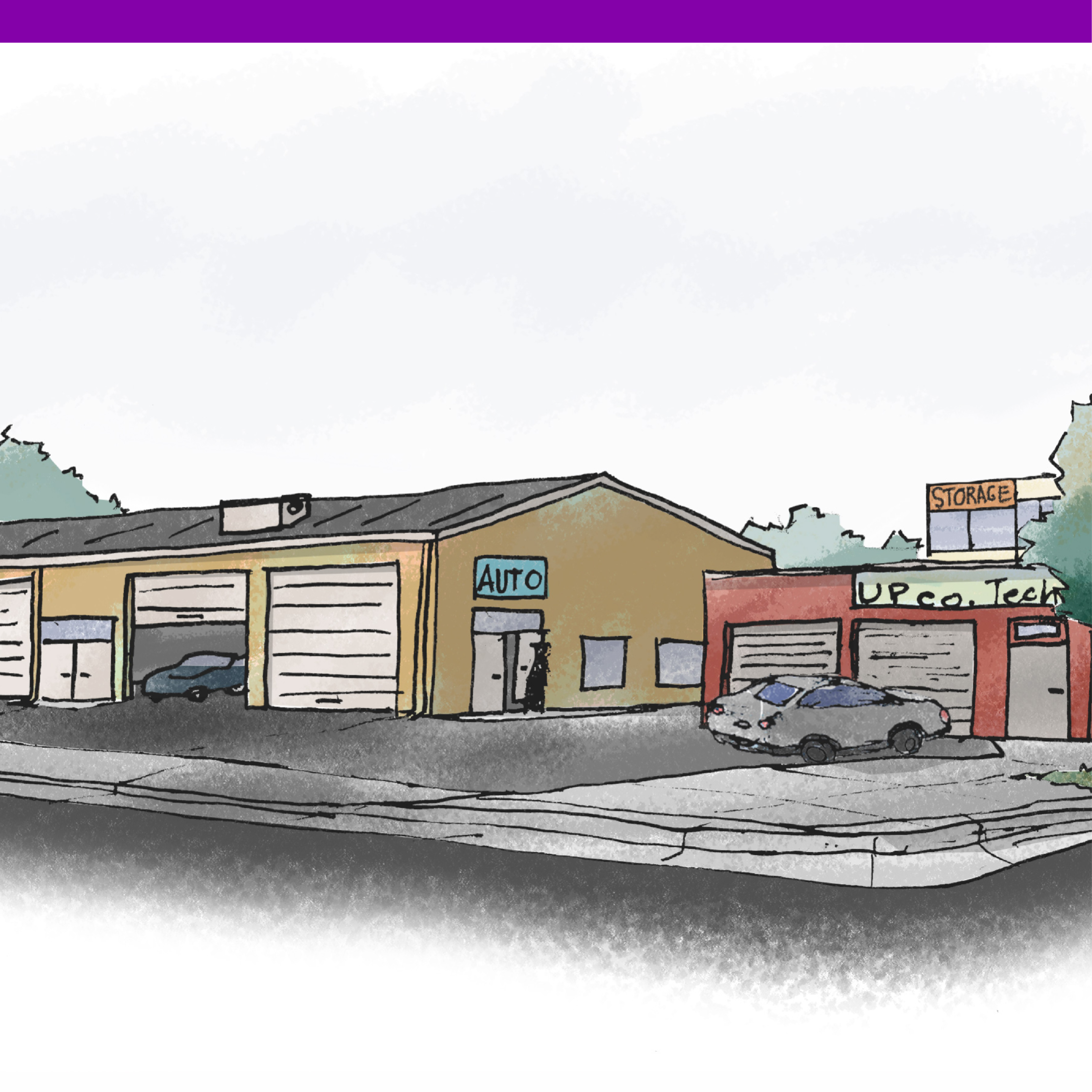 Sketch of a street corner with single story buildings on it. These buildings have big garage doors. there is an auto repair shop another industrial manufacturing shop and a storage facility. These buildings are set back from the street with parking in front.
