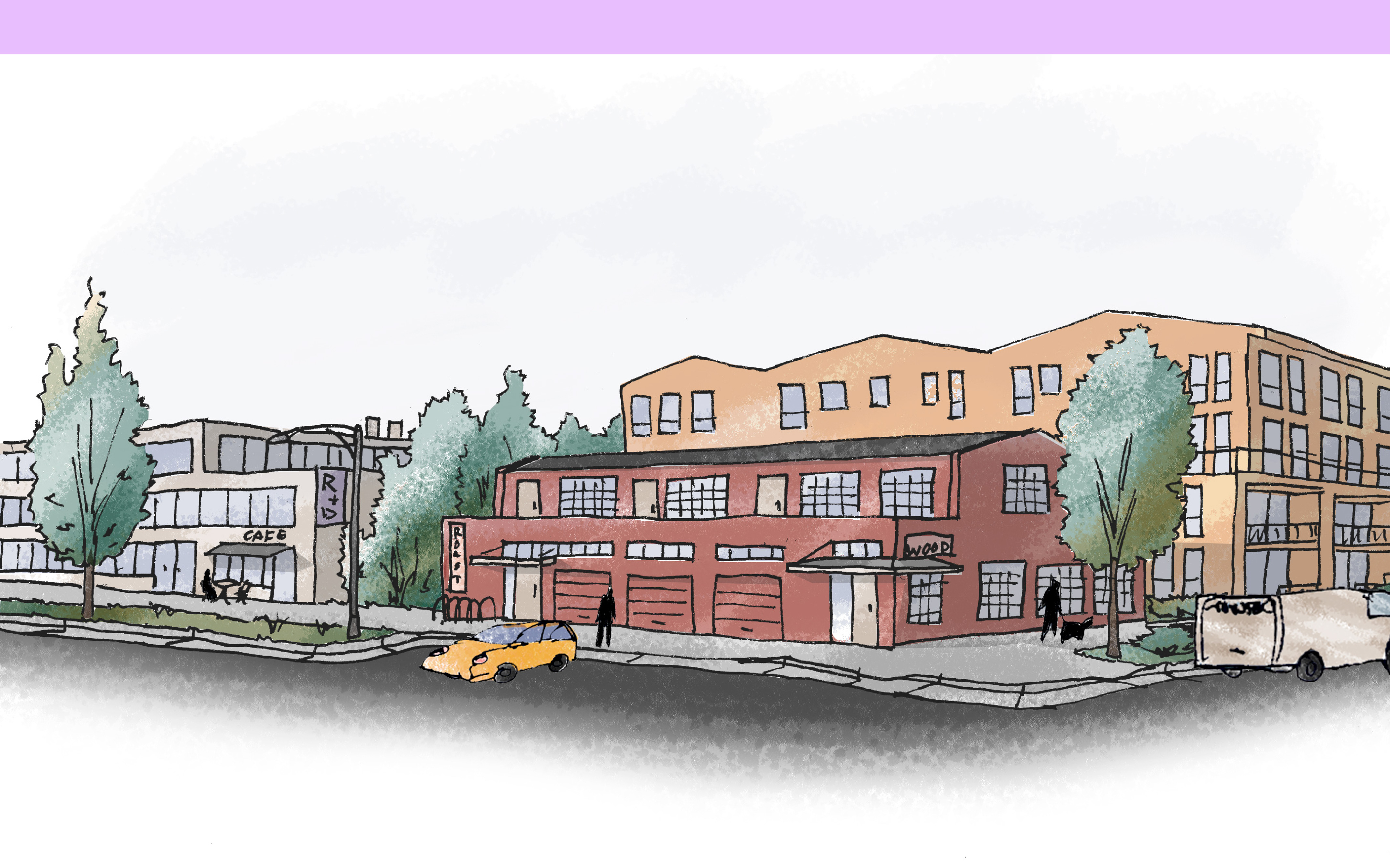 Sketch of a street corner with buildings that are two to four stories. One building has a tall first floor with garage doors and residential above it. The other buildings have floors of varying heights with research and development space and office and other industrial space. 